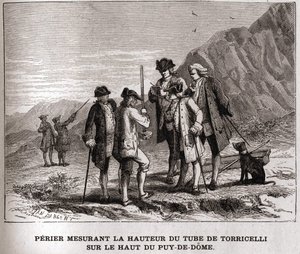 Perier misst die Höhe des Barometers (Quecksilberrohr) von Evangelista Torricelli auf dem Gipfel des Puy-de-Dôme am 20. September 1618 (Gravur des 19. Jahrhunderts, Bianchetti-Sammlung) von Unknown artist