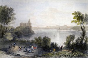 Schloss Persenberg in Deutschland. Im Vordergrund die Holzarbeiter bei der Arbeit. Gravur des 19. Jahrhunderts von Unknown artist