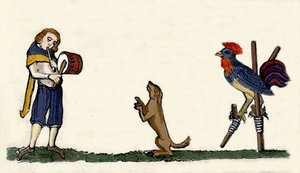 Dressierte Haustiere: ein Hund und ein Hahn tanzen auf Stelzen im Rhythmus der Trommel. Gravur aus einem Manuskript von 1344 aus der Bodleian Library in Oxford von Unknown artist