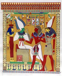 Pharao Merenptah I. (oder Mineptah, Merneptah) (1213-1204 v. Chr.) geführt von Horus in Anwesenheit von Osiris und Athyr infernal. Von links: Athyr, Osiris, Merenptah I. und Horus. (Biban-el-Moluk) - in „Denkmäler von Ägypten und Obernubien“ von Ippolito R von Unknown artist