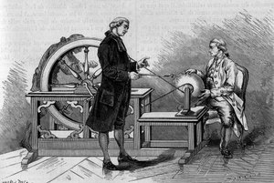 Physikexperiment im 18. Jahrhundert: Leuchten erzeugt durch eine elektrische Maschine. (Von Abbe Nollet). Gravur in „La Nature: revue des sciences et de leurs applications aux arts et a l