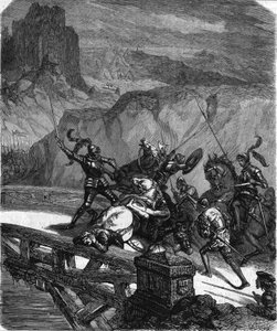 Pierre Terrail, Herr von Bayard, verteidigt die Brücke von Garigliano (Italien) im Jahr 1503. Gravur aus dem 19. Jahrhundert. von Unknown artist