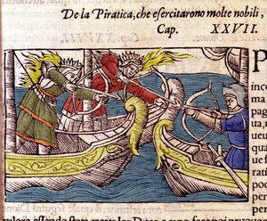 Piraterie wurde von vielen skandinavischen Adelsfrauen praktiziert (Kupferstich aus Historia de gentium septentrionalium von Olaus Magnus, Venedig 1567)