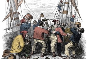 Piraten feiern die Eroberung einer reichen Beute nach dem Angriff auf ein feindliches Schiff. Gravur aus dem 19. Jahrhundert von Unknown artist