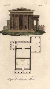 Plan und Aufriss des Erechtheion oder Erechtheum A, Tempel des Neptun B, Tempel der Minerva Polias mit Karyatidenvorhalle C, und Tempel des Pandrosus oder Pandrosion D