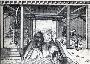 Schrägaufzug für Boote im 16. Jahrhundert auf den Lagunen des Brenta (Fluss) in Norditalien. Gravur in „La Nature“ von Unknown artist
