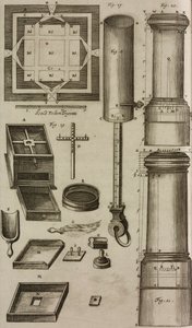 Plan eines Pulverfasses und Werkzeuge zur Vorbereitung und Lagerung von Schießpulver, Gravur aus Grand Art d