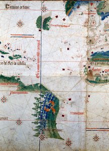 Planisphäre von Cantino: Karte von Alberto Cantino aus dem Jahr 1502, die die Grenzlinie des Vertrags von Tordesillas (1494) zwischen portugiesischem und spanischem Amerika darstellt. Biblioteca Estense, Modena