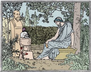 Platon meditiert über die Unsterblichkeit vor Sokrates, dem Schmetterling, dem Schädel und der Mohnblume um 400 v. Chr. - Gravur des 19. Jahrhunderts von Unknown artist
