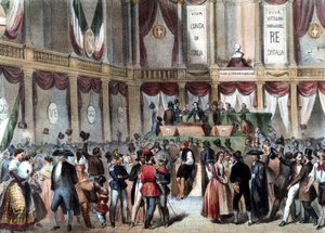 Plebiszit für die Annexion des Königreichs Neapel an Italien im Jahr 1860. Im Hintergrund: Viva Vittorio Emmanuele (Viktor Emanuel) Re D