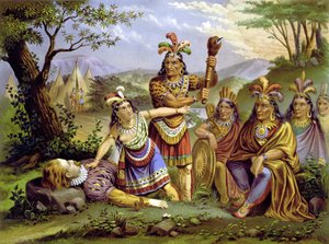 Pocahontas rettete Captain John Smith. Chromolithographie um 1870 von Unknown artist