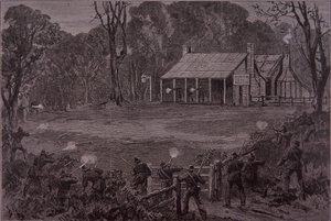 Polizei eröffnet das Feuer auf die Kelly-Bande im Glenrowan Hotel, 28. Juni 1880 von Unknown artist