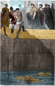 Pollion Vedius, römischer Gastronom, berüchtigt für seine Grausamkeit gegenüber seinen Sklaven. Um sie zu fangen, warf er sie lebendig zu seinen Muränen. Eines Tages aß Augustus (Caius Octavius Thurinus) bei ihm zu Hause, also ließ er einen Sklaven stürzen von Unknown artist
