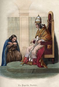 Papst Johanna, die zwischen 855 und 858 regierte, in päpstlichen Gewändern. Papst Johanna (Pontifikat von 855 bis 858) in pontifikalen Kleidern. Gravur von 1842 in „Histoire des popes“ von Maurice Lachatre. Private Sammlung. von Unknown artist