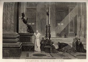 Papst Pius IX. (1792-1878) am Fuße der Statue von St. Peter, am Eingang der Basilika, im Vatikan. Gravur zur Illustration der Rom-Geschichte, von Francis Wey, 1864-1868, veröffentlicht in "le tour du monde"