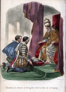 Papst Gregor XIII. (1502-1585) erhält den Kopf von Gaspard de Coligny (1519-1572), der beim Massaker an der Bartholomäusnacht 1572 ermordet wurde, als Geschenk von König Karl IX. von Frankreich (1550-1574) von Unknown artist