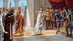 Papst Stephan II. (Stephanus) fleht Pippin den Kurzen um Hilfe gegen die Langobarden im Jahr 754 im Palast von Ponthion an