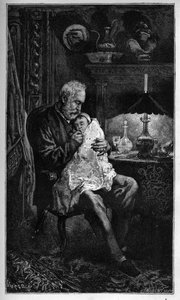 Porträt von Victor Hugo, sitzend mit Enkelin Jeanne - Gravur aus „Das schreckliche Jahr“ („Das schreckliche Jahr“) - Hugo und das kranke Kind während der Belagerung von 1870 - Gravur in „Das schreckliche Jahr“ von Victor Hugo - 1874 von Unknown artist