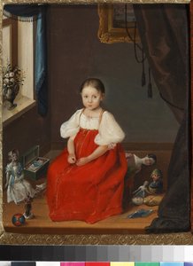 Porträt eines Mädchens in einem roten Sarafan mit Spielzeug von Unknown artist