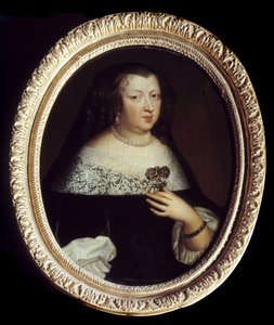 Porträt von Anna von Österreich (1601-1666), Königin von Frankreich. Sie trägt Perlenjuwelen, einen Anhänger mit Edelstein in Kreuzform und ein Armband am linken Handgelenk. Anonymes Gemälde von Unknown artist