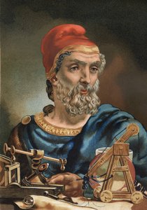 Porträt von Archimedes, griechischer Mathematiker und Physiker (Syrakus, 287 v. Chr. - 212 v. Chr.). nach „La Ciencia y sus Hombres“ von Louis Figuier. Barcelona 1881