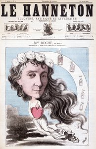 Porträt von Eugénie Doche, die in einem Stück im Vaudeville-Theater von „La Dame aux camélias“, geschrieben von Alexandre Dumas (Sohn) im Jahr 1852, spielt. In Le Hanneton, 23. Januar von Unknown artist