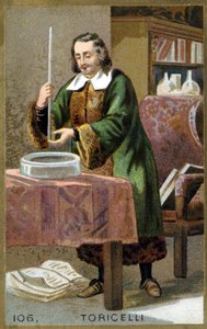 Porträt von Evangelista Torricelli (1608 - 1647), italienischer Physiker mit seiner Erfindung des Barometers (Quecksilberrohr). Chromolithografie des 19. Jahrhunderts