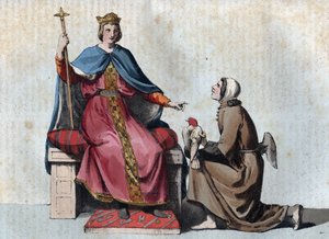Porträt von Friedrich II. von Hohenstaufen, Kaiser des Heiligen Römischen Reiches mit seinem Falkner - Porträt von Friedrich II. von Hohenstaufen (1194-1250), König des Heiligen Römischen Reiches mit seinem Falkner - Gravur aus „Usi e Costumi di Tutti i Po von Unknown artist