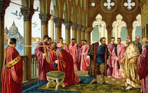 Porträt von Galileo Galilei, genannt Galileo (1564 - 1642), präsentiert das Fernrohr dem Dogen in seinem Dogenpalast in Venedig. von Unknown artist