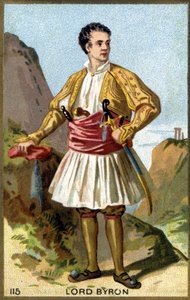 Porträt von George Gordon Noel, 6. Baron Byron, Lord Byron (1788 - 1824) in griechischer Kleidung. Chromolithographie des 19. Jahrhunderts. von Unknown artist