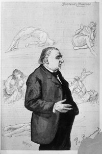 Porträt von Jean Martin Charcot (1825 - 1893) mit Zeichnungen, die Patienten mit Hysterie darstellen von Unknown artist