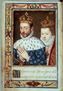 Porträt von König Karl IX. (1550-1574) und Elisabeth von Österreich (1554-1592) Königin von Frankreich. Manuskriptseite aus dem „Stundenbuch der Katharina von Medici“ (Caterina de Medici) 16. Jahrhundert Paris, B.N. von Unknown artist