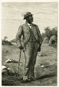 Porträt von König Sepopo von Zambeze (heutiges Südafrika), in europäischem Stil gekleidet, Gravur von P. Dufour zur Illustration der Geschichte „Au pays des Marutses“ in den Jahren 1875-1879 von Dr. Emile Holub (1847-1902). Veröffentlicht in der Tour du mo