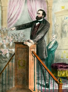 Porträt von Léon Gambetta (1838-1882) in der Galerie. Gravur des 19. Jahrhunderts