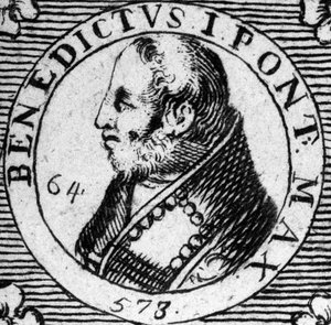 Porträt von Papst Benedikt I. Gravur aus dem 19. Jahrhundert.
