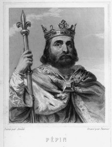 Porträt von Pippin dem Kurzen (ca. 714 - 768), König der Franken, erster der Karolinger - in „Histoire des Français“ von Lavallée, Gravur, sd