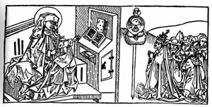 Porträt der Heiligen Brigitte von Schweden (1103 - 1373). Gravur aus „Leben der Heiligen - sommerteil“ (Das Buch der Heiligen) von Jacobus (James) von Voragine (1228-1298). Lübeck 1488