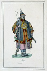 Porträt eines chinesischen Soldaten in Rüstung - in „Die verschiedenen Völker der Erde“ von Abbé Jouhanneaud, Librairie des bons livres