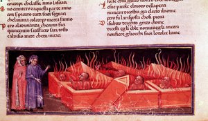 Porträt des italienischen Dichters Dante Alighieri unter den Ketzern von Virgil (Gesang X der Hölle, in der Göttlichen Komödie) - Miniatur von Unknown artist
