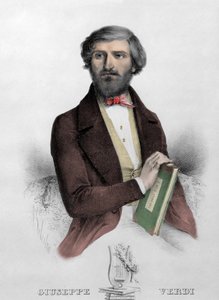Porträt des italienischen Komponisten Giuseppe Verdi mit der Partitur von „I Due Foscari“. Gravur von 1844. von Unknown artist