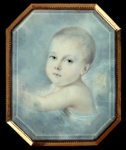 Porträt des Königs von Rom als Baby (1811-1832), Sohn von Kaiser Napoleon I (1769-1821) und zukünftiger Napoleon II. Anonymes achteckiges Medaillon des 19. Jahrhunderts. Aquarell unter Glas. Paris, Musée de la Légion d