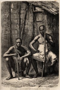 Porträt von zwei Bakali-Kriegern. Zeichnung von H. Castelli, zur Illustration der Reise nach Gabun in den Jahren 1861-1864 von Dr. Griffon du Bellay. Gravur in „Le tour du monde“, herausgegeben von Edouard Charton von Unknown artist