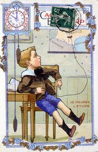 Postkarte, die den Tagesablauf eines Kindes zeigt. Um 10:00 Uhr ist das Kind in der Schule von Unknown artist