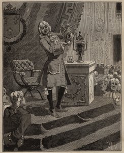 Töpferei: Pierre Joseph Macquer (1718-1784) präsentiert der Akademie das erste harte Porzellan, das 1769 von der Sevres-Fabrik in Frankreich hergestellt wurde. Gravur von 1885 in „Les arts et métiers illustrés“ von Adolphe Bitard. von Unknown artist