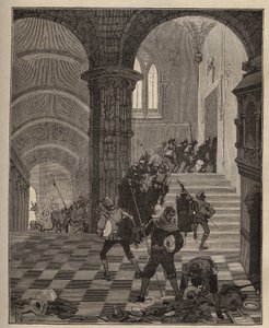 Töpferei: Zerstörung der „Henri II“-Fabrik während der Plünderung des Schlosses von Oiron (Deux Sevres) im Jahr 1568 während der Liga. Gravur von 1885 in „Les arts et metiers illustres“ von Adolphe BITARD von Unknown artist