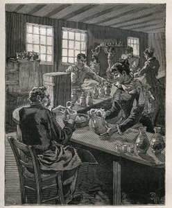 Töpferei: Töpferei füllen. Gravur von 1885 in „Les arts et métiers illustrés“ von Adolphe Bitard. von Unknown artist