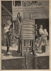 Töpferei: Mechanisches Formen von Hohlteilen. Gravur von 1885 in „Les arts et métiers illustrés“ von Adolphe Bitard. von Unknown artist