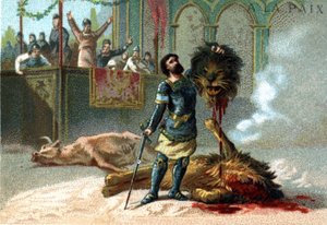 Pépin der Kurze (715-768), König der Franken, kämpft gegen einen Löwen und einen Stier während der Feste zu seiner Krönung im Jahr 751. von Unknown artist