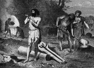 Prähistorie - die ersten Metallurgen der Bronzezeit: Herstellung von Bronze. Gravur in „Le Journal de la jeunesse“ von Unknown artist