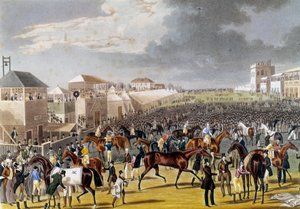 Vorbereitungen für ein Epsom-Rennen (Epsom Oaks: Englisches Pferderennen). Gravur